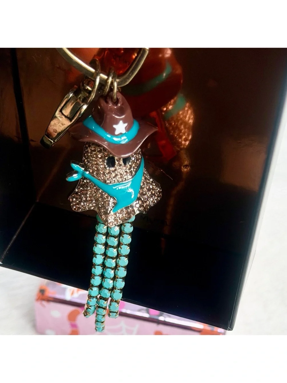 Betsey Johnson Ghost Cowboy Bag Charm Keychain Gold Crystal Turquoise Fringe NIB